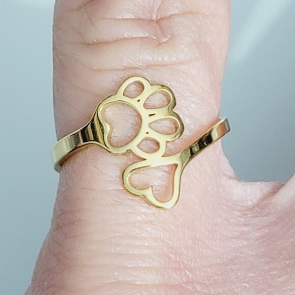 Wrap Adjustable Fashion Ring Paw Print And Heart Gold Ring - Picture 3 of 6
